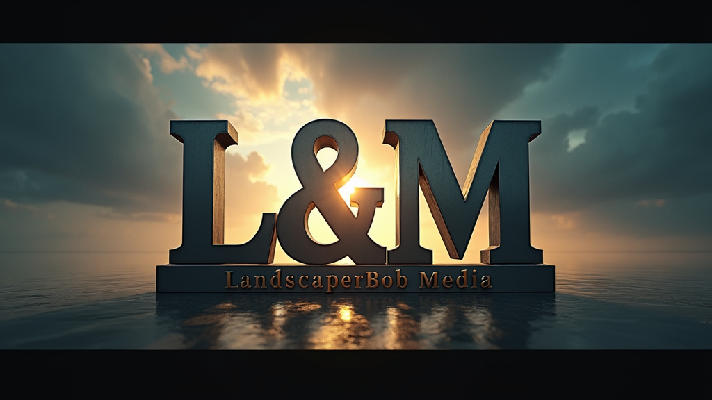 Create a hyper-realistic, cinematic movie production logo featuring the bold, stylized letters L B M, standing for LandscaperBob Media. The letters should be large, metallic, and three-dimensional, with a brushed steel texture and dramatic lighting casting soft shadows. Position the letters in the center of the frame, spaced slightly apart with depth and weight, as if forged from industrial-grade metal.

Behind the letters, feature a dark, cloudy sky or a sunlit horizon breaking through storm clouds — symbolizing creativity rising through grit. Include subtle lens flares and particle effects like dust or light rays moving across the screen, enhancing the cinematic atmosphere.

Add a faint engraved subtitle beneath the letters:
“LandscaperBob Media” in a clean, sleek font — minimalist but modern.

Incorporate a subtle slow camera zoom-in or pan if animating. The color palette should be rich and moody: dark blues, silvers, and golden highlights. This should resemble the intro of a high-end production studio, suitable for theatrical release or major streaming service branding.