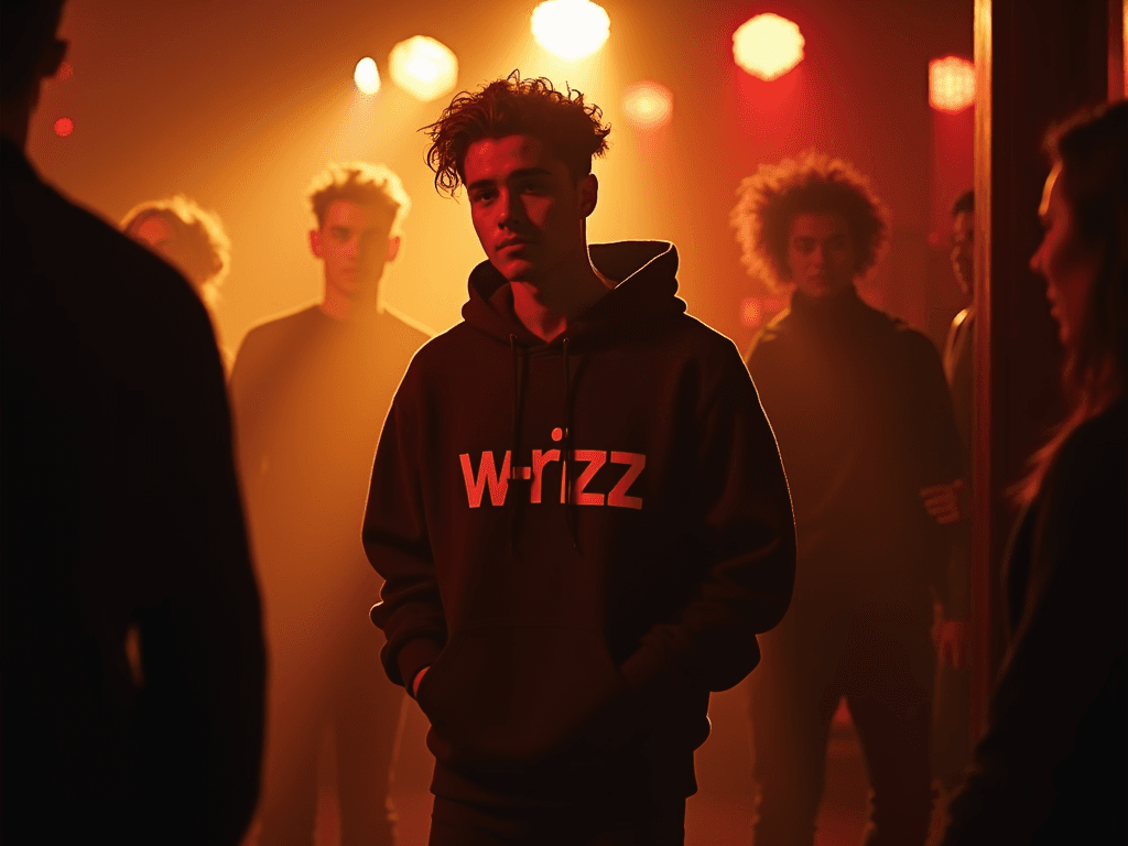 A Justin Bieber-esque young man, radiating self-assuredness, confidently strides into a dimly lit jazz club, his "W-rizz" hoodie a beacon of effortless cool.  The air crackles with anticipation; eyes follow his every move, captivated by his magnetic aura.  He exudes genuine warmth, connecting with others through effortless charm and engaging conversation, a vibrant tapestry of human connection woven in a photorealistic style. Make the Rizz gold
