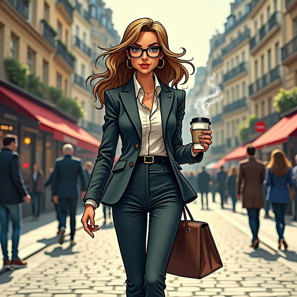 A stylish professional woman, impeccably dressed in a Chanel-inspired tweed suit, strides confidently down a bustling Parisian street, a steaming cup of coffee in hand; manga style, vibrant colors, dynamic lines, expressive eyes, detailed background showcasing Parisian architecture, conveying a sense of sophisticated independence and urban energy.
