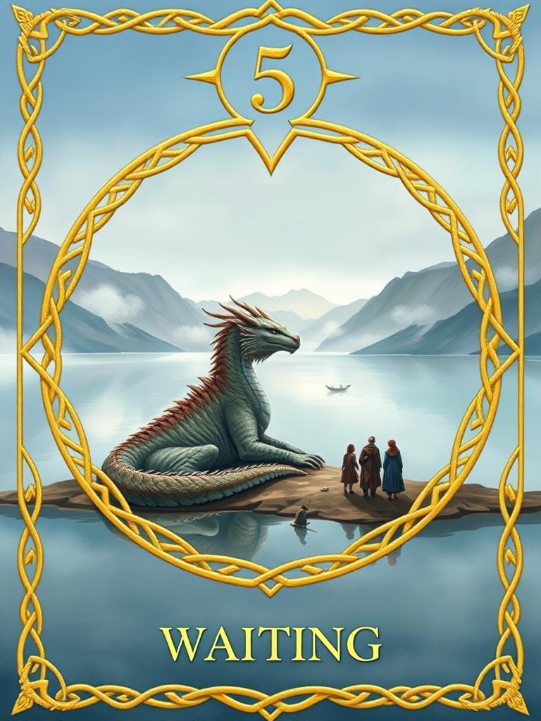 Hand-painted, detailed fantasy oracle card, edge-to-edge composition with no white space or transparency. Background is softly blended with tranquil sky blues (#89D3DC) and gentle mountain greys (#67707B). Overlay a crisp, ornate Celtic knotwork border in luminous gold (#FFD700) wrapping seamlessly around the entire card. At the top, a distinct golden arch frames the hexagram number: “5” in elegant serif font, 14pt, perfectly centered and padded from the frame. At the bottom, the title “WAITING” appears in 18pt elegant serif font, centered with precise padding above the border.

In the scene: A wise dragon rests peacefully at the water’s edge, gazing across a vast, still lake. Gentle white mist swirls over the water. Several tranquil figures are gathered in quiet companionship along the serene shore, embodying patience, trust, and the gentle anticipation of arrival. The whole composition is mystical, distinctly painted, evoking calm, spiritual readiness, and harmonious waiting. The ornate golden knotwork border overlays the full background with clear, sharp edges—no gaps or transparency—giving the card a timeless, luxurious finish.