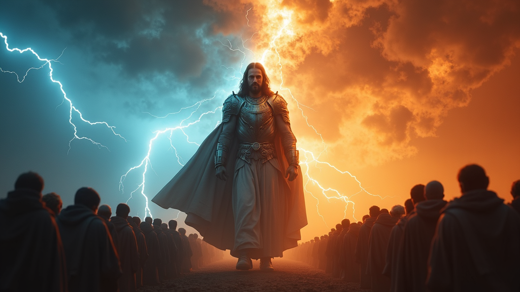 Generate a Giant, Jesus in armour in his divinity coming with a mighty tornado. make it cinematic like a Hollywood block buster film poster. Add blue and orange lighting on opposite sides of the image. Background: fire and lightning and all men bowing before the king. 16:9 ratio