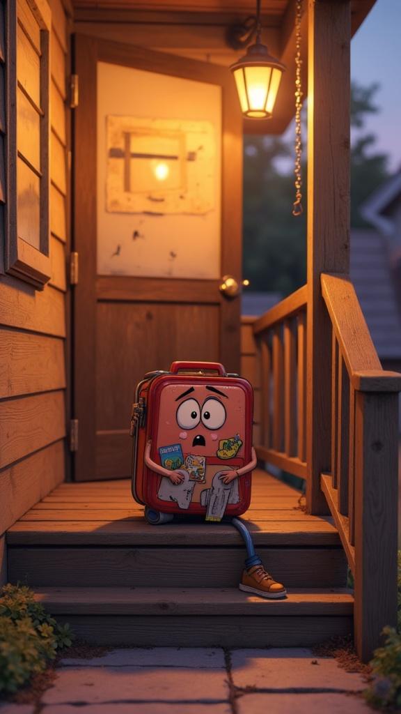 "Create a heartfelt Pixar-style animated scene of a lunchbox sitting alone on the wooden stairs of its small front porch at dusk. The lunchbox’s bright colors are slightly faded, its stickers peeling at the edges. It sits hunched over, arms resting on its knees, with large, glassy cartoon eyes welling up with tears. A single tear rolls down its cheek, catching the warm orange glow of the setting sun. The background is quiet — a soft breeze moves the porch light chain, and distant crickets chirp. The lunchbox looks directly at the viewer with a mixture of sadness and longing, as if silently asking for understanding. The lighting is warm but gentle, casting soft shadows that make the scene feel intimate and emotional."
