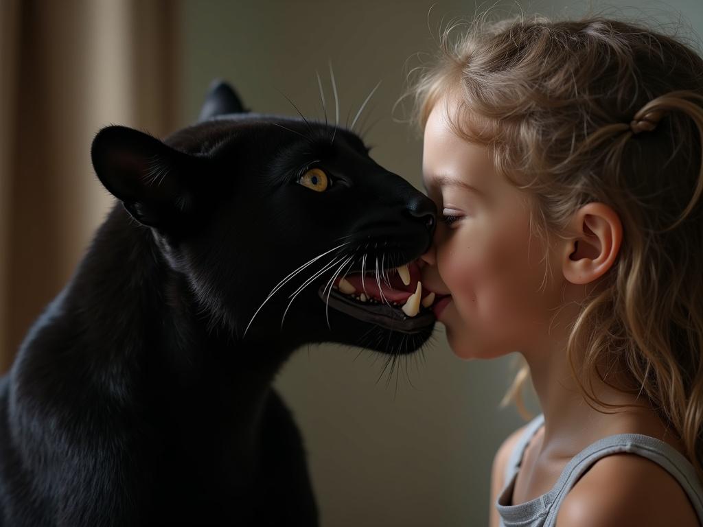 the young black panther licks the face of the young girl 