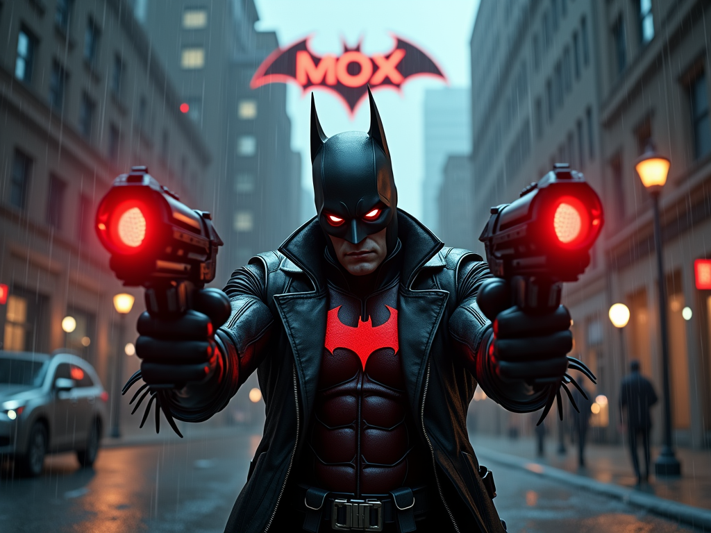 A 3D-rendered POV shot of Red Hood, dual-wielding futuristic machine guns, amidst a rain-slicked Gotham cityscape;  a Bat-Signal displaying "MOX" illuminates the gothic architecture, creating a dramatic, violent, and gritty atmosphere.
