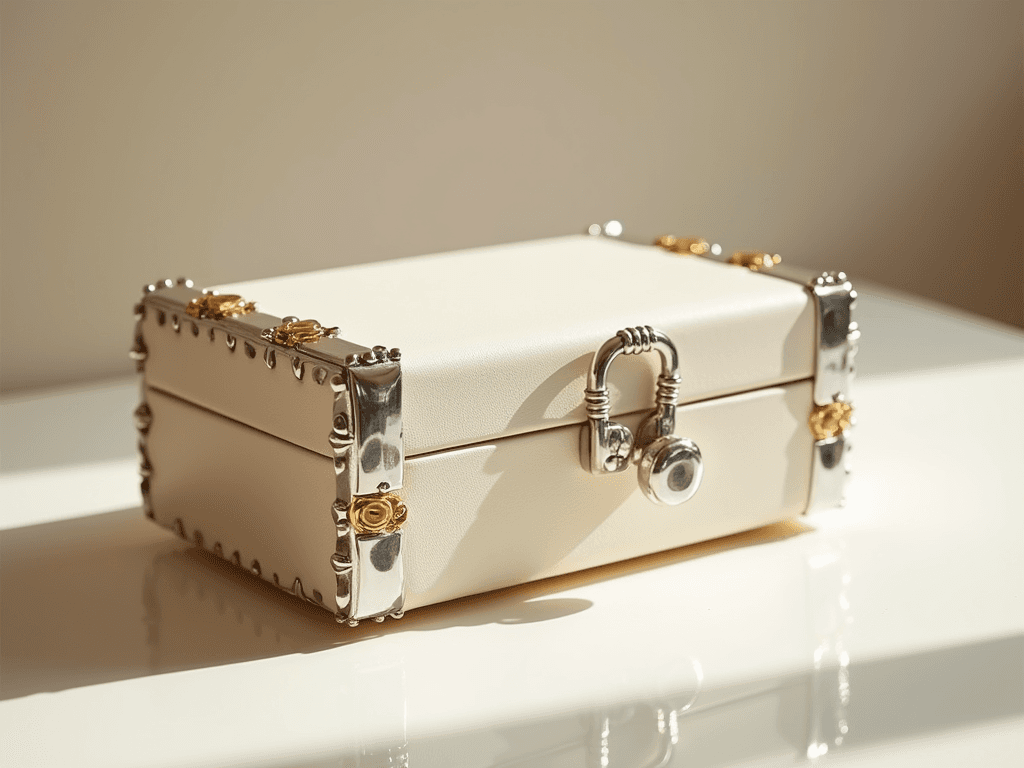 Design of a rectangular jewelry box with a body made of high-quality cream-colored leather, adorned with flat, jewel-like decorations made of silver and gold metal that are artistically and creatively integrated with the leather body of the jewelry box. The box features a delicate handle made of silver metal, creatively inspired by the columns of Persepolis. There is a clean composition with soft lighting and subtle shadows. The focus is on the details of the jewelry box and a professional photo reminiscent of fashion magazine images. The background is softly blurred to highlight the unique design of the jewelry box and the artistic and modern beauty of the subject.