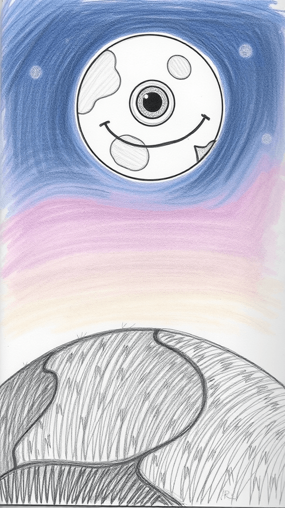 A whimsical, low-quality pencil sketch, reminiscent of a child's drawing, depicts a full moon with a shattered, cartoonish center revealing a large, friendly, mismatched eye.  The moon hangs low in a twilight sky, casting long shadows on a rolling, grassy hill.  The style is naive and charming, evoking a sense of childlike wonder and mystery.
