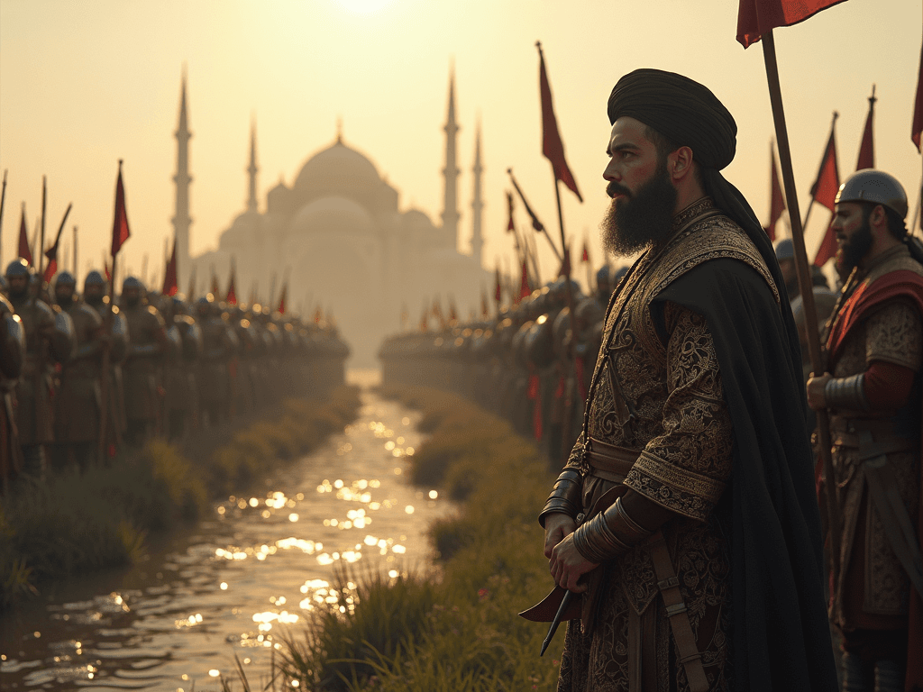 A picture of Imam Abbas near the river, surrounded by the army of infidels