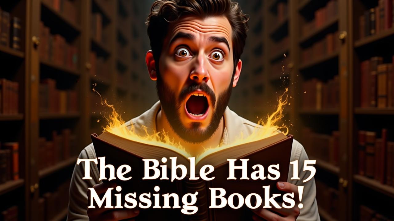 Young bearded scholar with wide eyes and shocked expression, mouth agape, holding an ancient Ethiopian manuscript that glows with golden light, dramatic lighting on his face, ancient library background, conveying amazement and disbelief at a profound discovery. Text: "The Bible Has 15 MISSING Books!"
