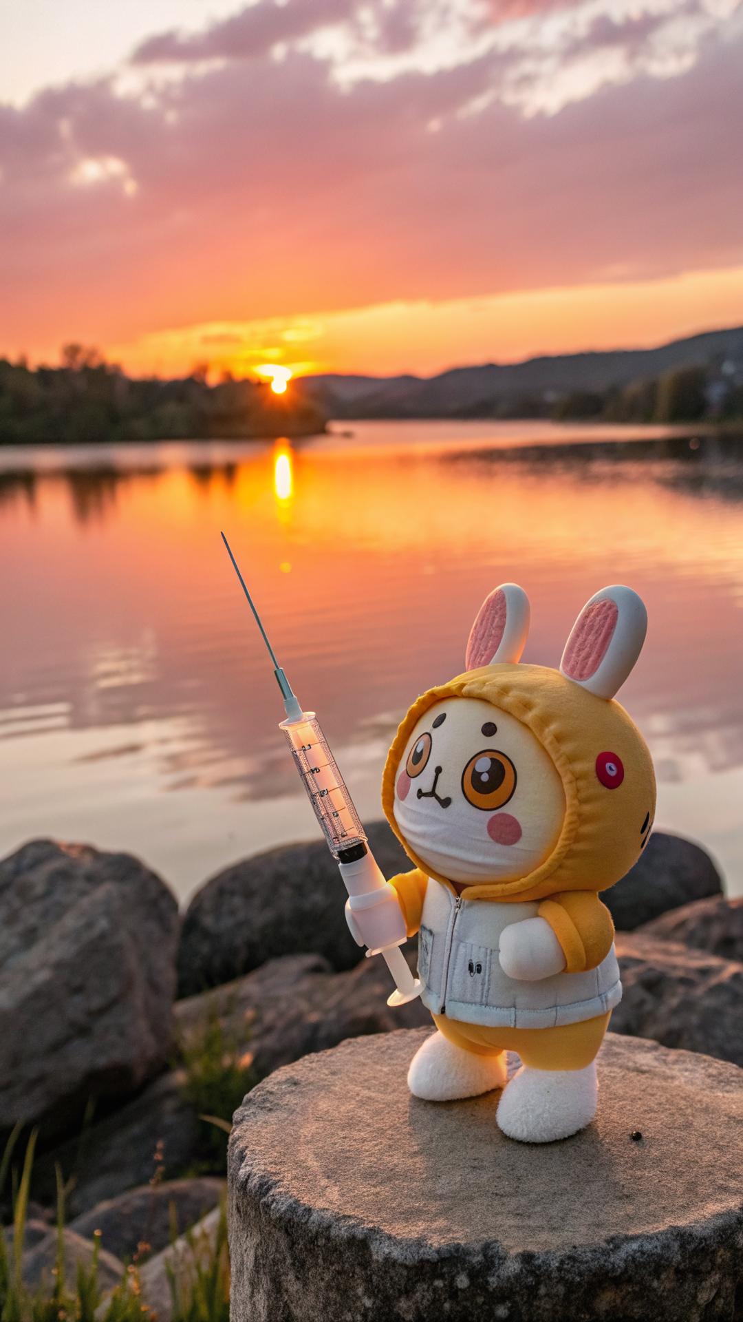 a funny labubu toy with a five-cubic white syringe in its hands, standing on a round stone in front of a beautiful, harmonious sunset with a lake