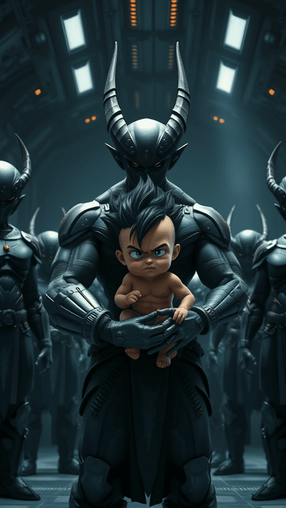 A group of sinister warriors in dark, futuristic armor stand in a dimly lit spaceship hangar. In the center, a muscular alien with sharp horns and a robotic arm holds a crying baby Saiyan in his hand. The baby has spiky black hair and a fierce, determined look. The atmosphere is tense and foreboding. Disney Pixar 3D style, highly detailed, dramatic lighting