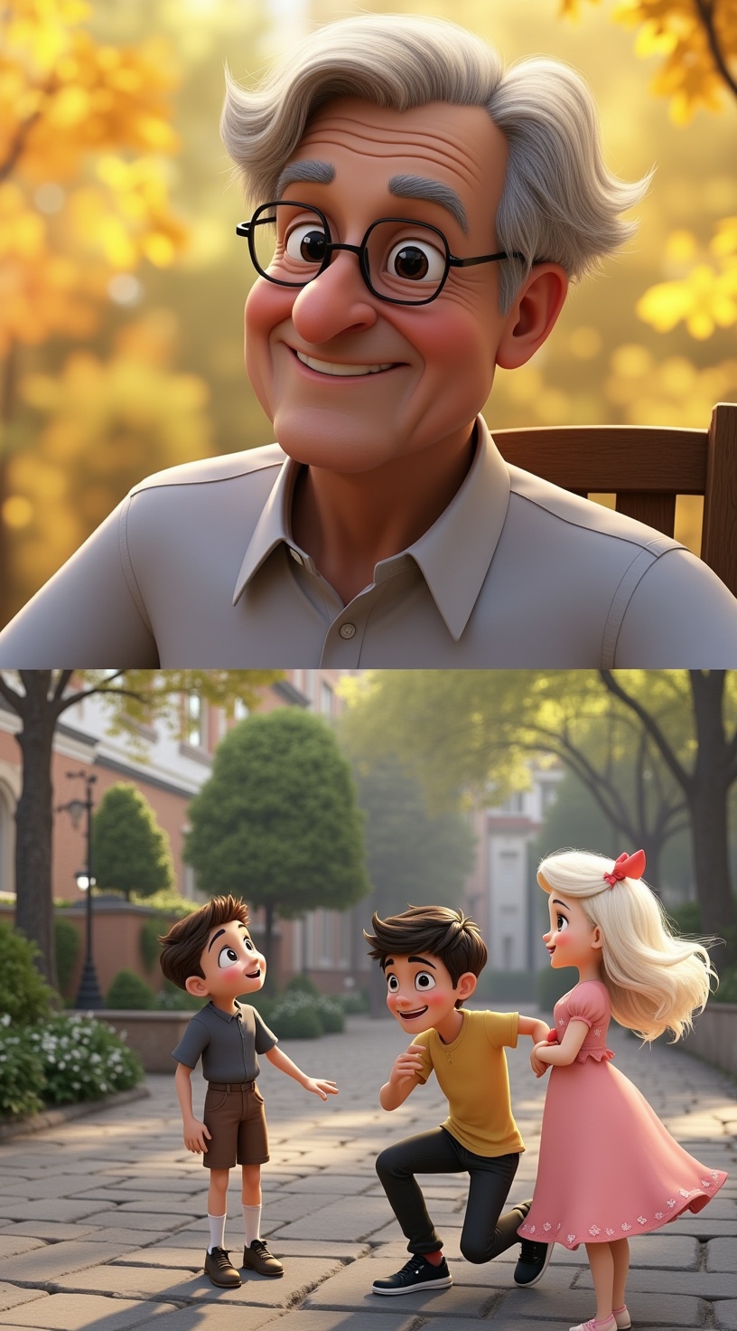 Can you combine these two photos, where Grandpa looks down from the sky at the children