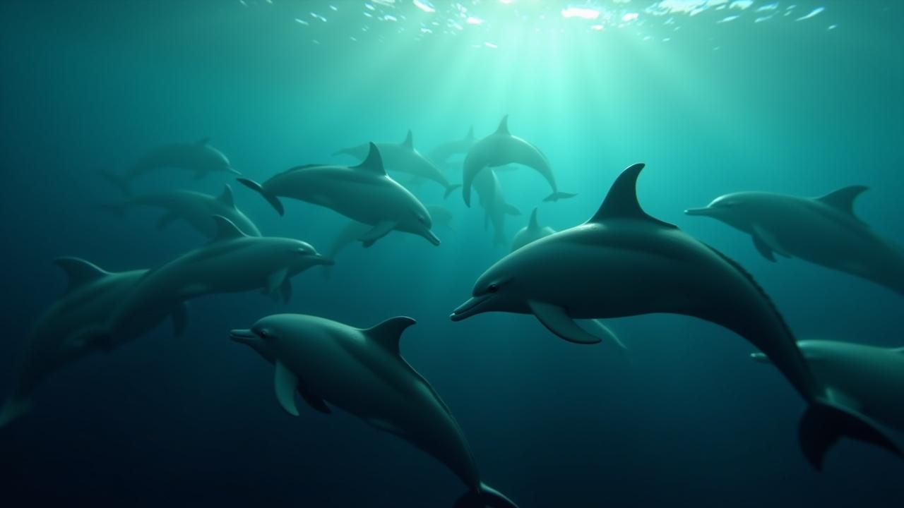 crie uma tumbnail para um vídeo dos golfinhos, quero uma tumbnail muito realista que remeta a inteligência dos golfinhos. Quero um título na parte superior dela assim "Golfinhos: Inteligência Oculta dos Oceanos". Lembrar de preservar as cores do mar, porém dar ênfase aos golfinhos para que seja chamativo para as pessoas que estão buscando. Lembrar também de fazer a imagem na resolução de tumbnail do youtube.