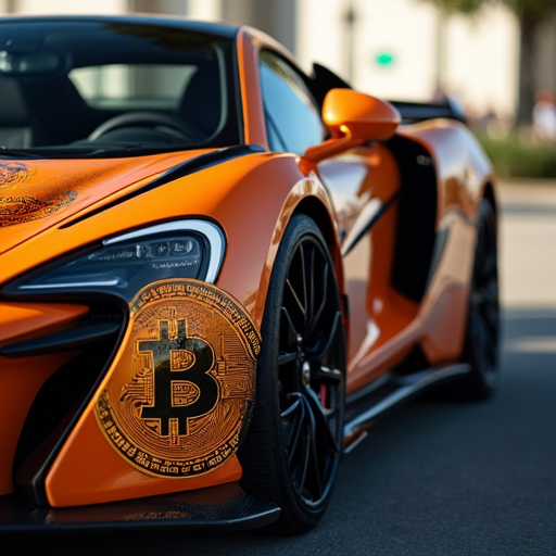 Super car, with Bitcoin crypto logo on the side of car door

