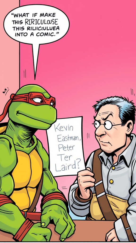 A comic panel showing Kevin Eastman and Peter Laird in a humorous brainstorming session, with one of them drawing a turtle with a ninja mask and nunchaku. The characters are exaggerated in size and expression, with comic-style lines and bold colors, and a speech bubble saying 'What if we make this ridiculous idea into a comic?