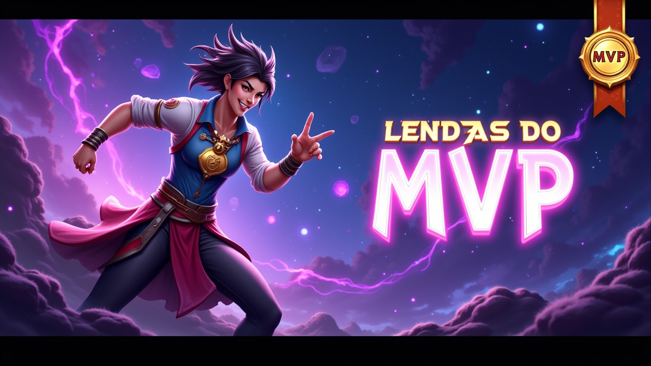 Epic YouTube thumbnail for a gameplay video of Honor of Kings featuring the hero Ying in a powerful, dynamic pose with magic or energy effects surrounding her. Background should be dramatic and cosmic, with swirling purple and blue nebula clouds and glowing particles. Include a large, shiny MVP badge in the top right corner and a golden in-game medal near the bottom. Add bold glowing text that says 'LENDAS DO MVP' in a futuristic font with sharp edges, placed on the left or center-left. Use cinematic lighting, soft shadows, and glowing effects behind Ying to make her stand out. Include magical energy waves or spark effects around her to emphasize action. Designed in a 1