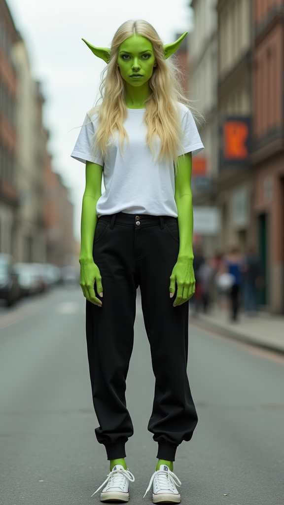 tall slim chartreuse-skinned woman, vulture ears, chartreuse hands, long wavy blonde hair, streetwise ruthless chartreuse face, white t-shirt and long athletic legs with black trousers and white converse trainers, standing on street
