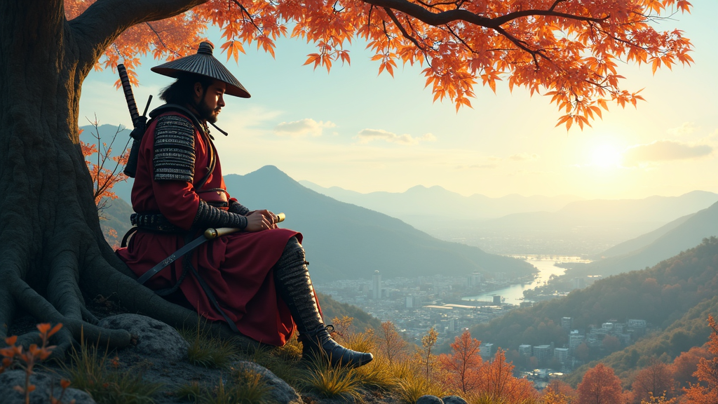 Create a samurai thats sitting while leaning back on a tree on a hill with a nice view in the background
