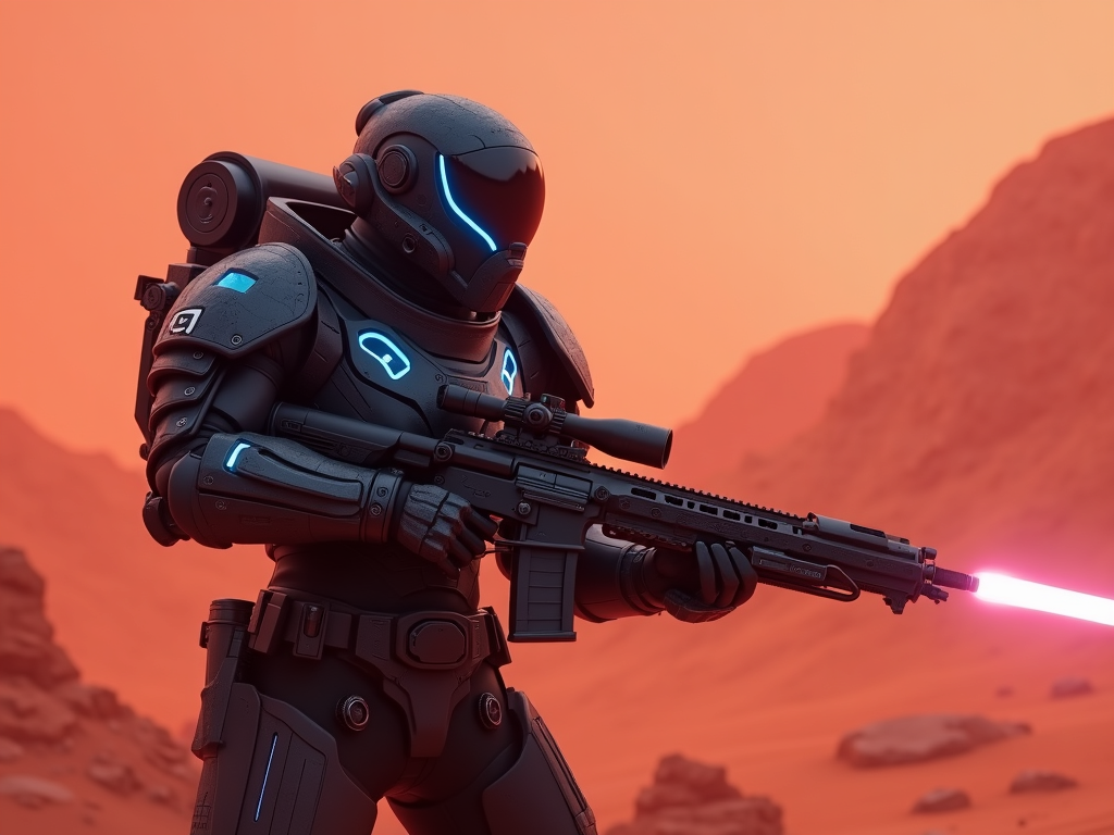 space marine with dark armor with glowing blue highlights and a laser rifle on a red desert planet