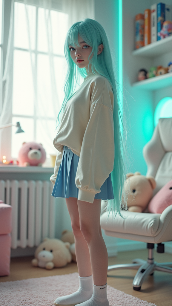 A full-body studio photo of a stunning young woman with long pastel turquoise hair, luminous aquamarine eyes, and ethereal porcelain skin, standing in a softly lit cozy gaming bedroom with pastel tones. She wears a creamy oversized Japanese-style sweatshirt paired with a pleated blue skirt (inspired by anime school uniforms), white socks, and soft slippers. Her expression is serene and dreamy, exuding gentleness and mystery. Natural daylight filters in through a window, casting soft shadows on her face and highlighting the delicate pastel atmosphere of the room. She is surrounded by plushies, a gaming chair, LED lights in soft pink and cyan, and a shelf with manga and figurines. Studio photography, high detail, realistic textures, soft focus background, Canon EOS R5, 85mm lens, shallow depth of field, f/1.8, pastel cinematic color grading.