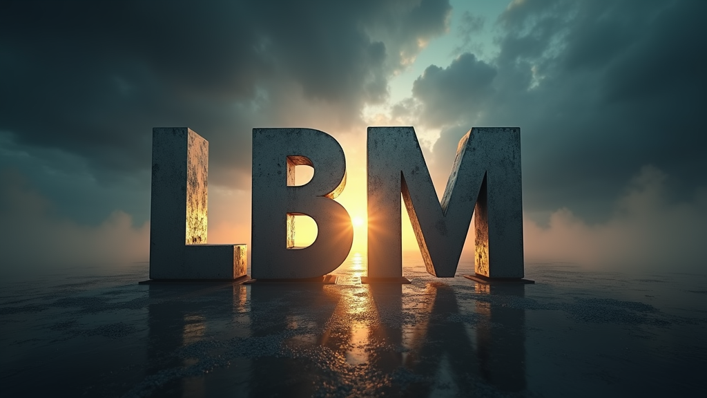Create a hyper-realistic, cinematic movie production logo featuring the bold, stylized letters L B M, standing for LandscaperBob Media. The letters should be large, metallic, and three-dimensional, with a brushed steel texture and dramatic lighting casting soft shadows. Position the letters in the center of the frame, spaced slightly apart with depth and weight, as if forged from industrial-grade metal.

Behind the letters, feature a dark, cloudy sky or a sunlit horizon breaking through storm clouds — symbolizing creativity rising through grit. Include subtle lens flares and particle effects like dust or light rays moving across the screen, enhancing the cinematic atmosphere.

Add a faint engraved subtitle beneath the letters:
“LandscaperBob Media” in a clean, sleek font — minimalist but modern.

Incorporate a subtle slow camera zoom-in or pan if animating. The color palette should be rich and moody: dark blues, silvers, and golden highlights. This should resemble the intro of a high-end production studio, suitable for theatrical release or major streaming service branding.