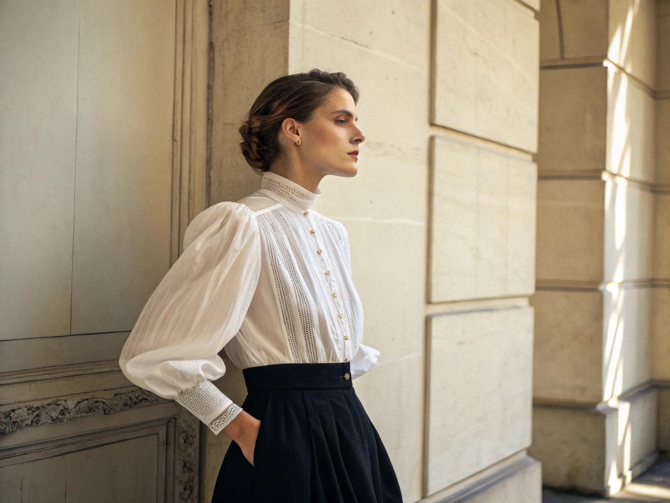 A contemplative figure stands in three-quarter view, hands elegantly clasped behind their back in a graceful pose. They wear a romantic white cotton voile blouse with intricate pintuck details, billowing bishop sleeves gathered at the wrists with delicate pearl buttons. The ethereal fabric catches soft, directional lighting, creating subtle shadows in its natural crinkled texture. The blouse is paired with a structured high-waisted black midi skirt in heavy silk faille that cinches at the natural waist. The composition is minimalist and editorial, shot from a slight low angle against a neutral beige backdrop. Soft rim lighting creates a gentle halo effect, while Rembrandt-style lighting sculpts the figure's features. The mood is serene and timeless, reminiscent of classical portrait photog