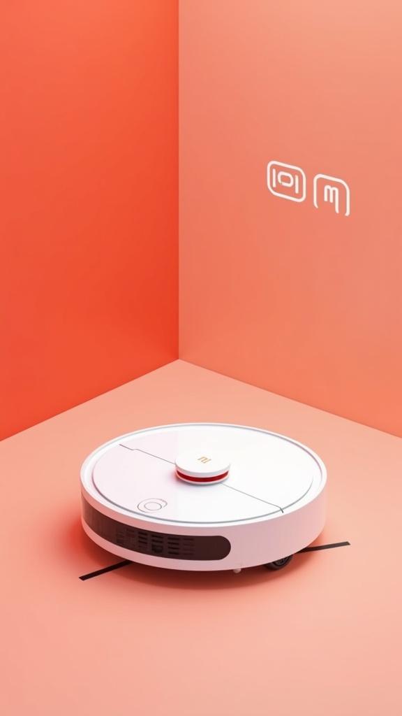 an instagram poster for story that like apple product poster , robotic vacuum cleaner that clean a floor and a text on floor " Mi Market ".
minimal design , use red and white color , a text up of the poster "xiaomi"

