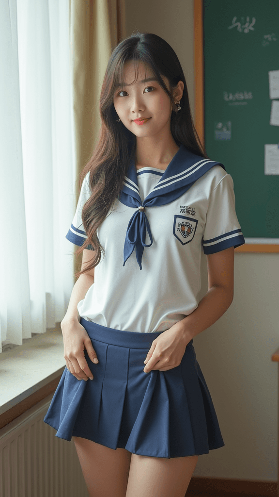 Korean teen Make her lift her skirts in front of the viewer while wearing student uniform with short skirt and with plain panty