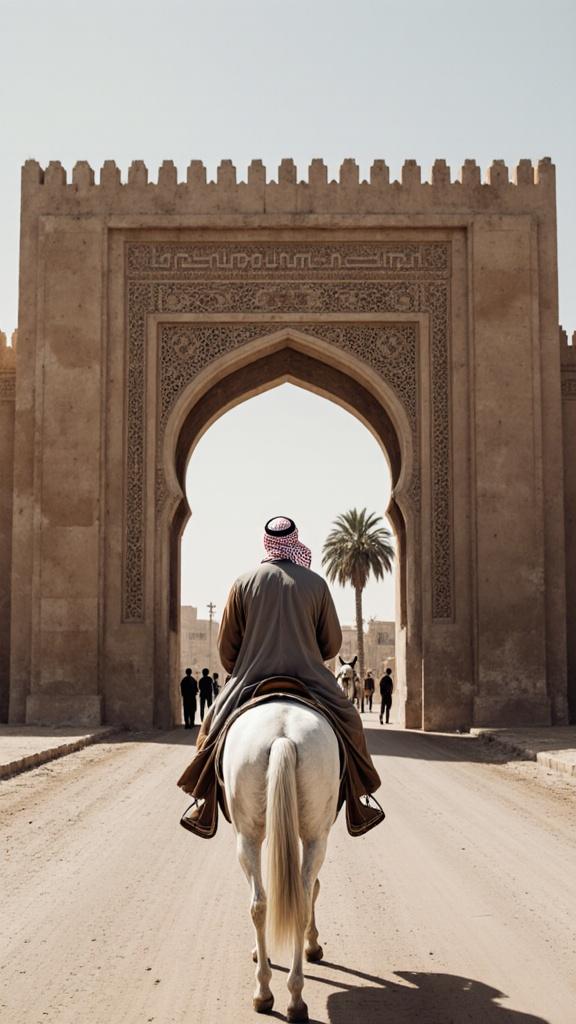 Draw 9:16 ration a hyper realistic and cinematic image.Cristiano Ronaldo is wearing traditional Arabic cloth (brown and grey (thobi) and (rea and white keffiyeh) and riding a (white) horse.A large arched gate, representing the entrance to the city. This appears to be an Islamic or Middle Eastern-style building, made of mud, limestone, or stone. Background: A few people are standing across the gate, and a palm tree is visible in the distance. The road is dirt and dusty, giving the impression of a rural area.