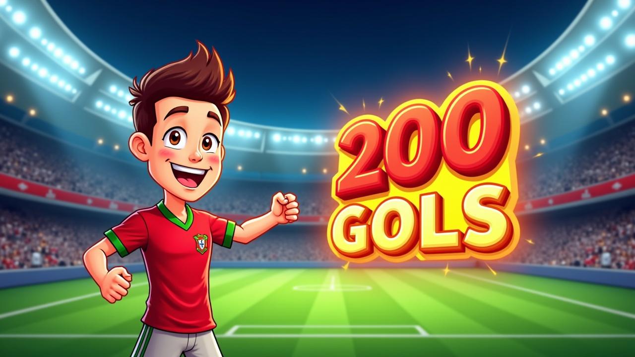  “Cartoon style thumbnail of a smiling football player wearing the Portugal national team jersey, celebrating 200 goals. Add bold text ‘200 GOLS’ in a dynamic box. Background should be a football field at night in cartoon style, with lights glowing softly. Bright colors, clean outlines, playful style, eye-catching for YouTube.”