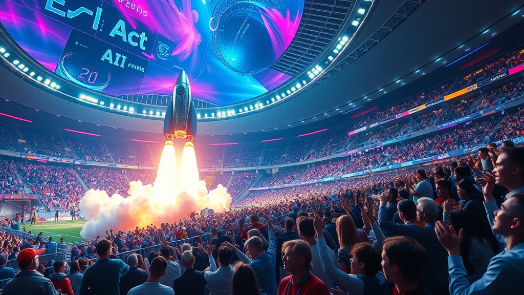A vibrant, futuristic stadium bursts with energy as the EU AI Act, a sleek, chrome rocket, blasts off from the starting line, leaving a shimmering trail of data streams.  Spectators, diverse and enthusiastic, cheer wildly under a dynamic, neon-lit sky.  The scene is rendered in a dynamic, hyperrealistic style, capturing the excitement and uncertainty of this pivotal moment in European technological history.
