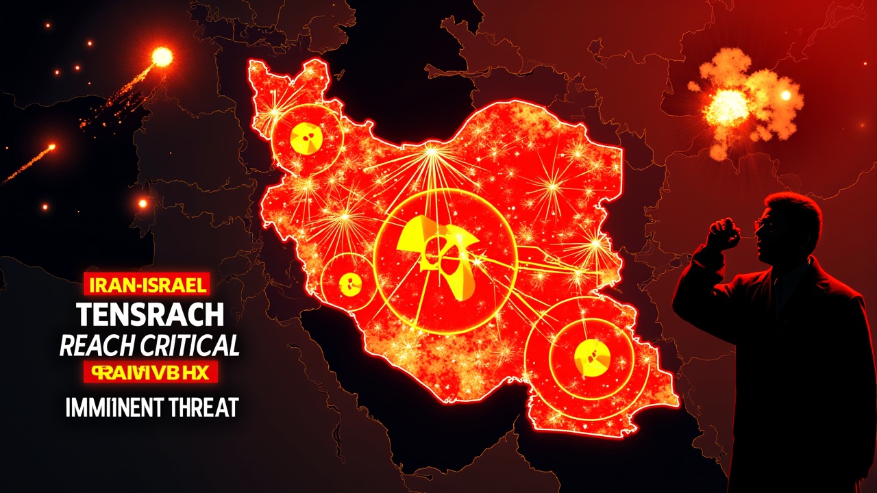 "A map of Iran highlighting airstrike zones in red and major nuclear facilities marked with yellow circles. In the background, a dark sky illuminated by glowing explosions, with symbolic missiles flying through the air. In one corner, a silhouette of Iran’s Supreme Leader Ali Khamenei giving a speech, with overlaid text referencing rising tensions between Iran and Israel