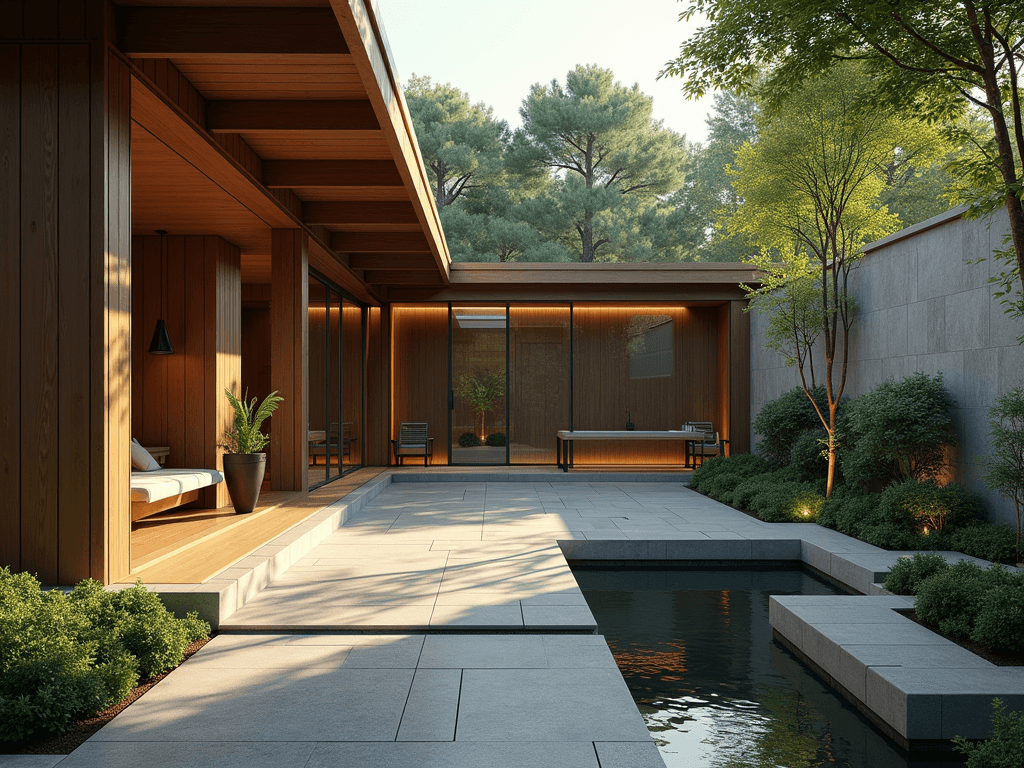 High resolution photography of modern scenic Japanese garden courtyard with outdoor shower, small spa and furake bath, cozy atmosphere; 8k, intricate details, photorealistic, realistic light, wide angle lens, kinkfolk photography, A+D architecture