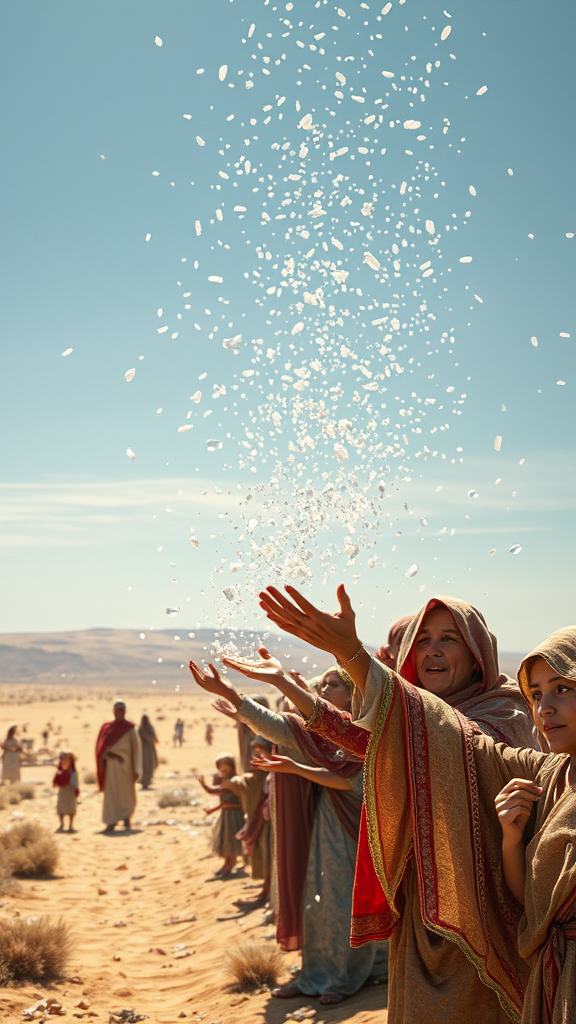 A breathtaking, hyperrealistic depiction of manna falling like soft, white snowflakes onto outstretched hands of awe-struck Hebrew families in a sun-drenched, desolate desert landscape;  a vibrant, almost surreal,  random artistic style evokes divine intervention.
