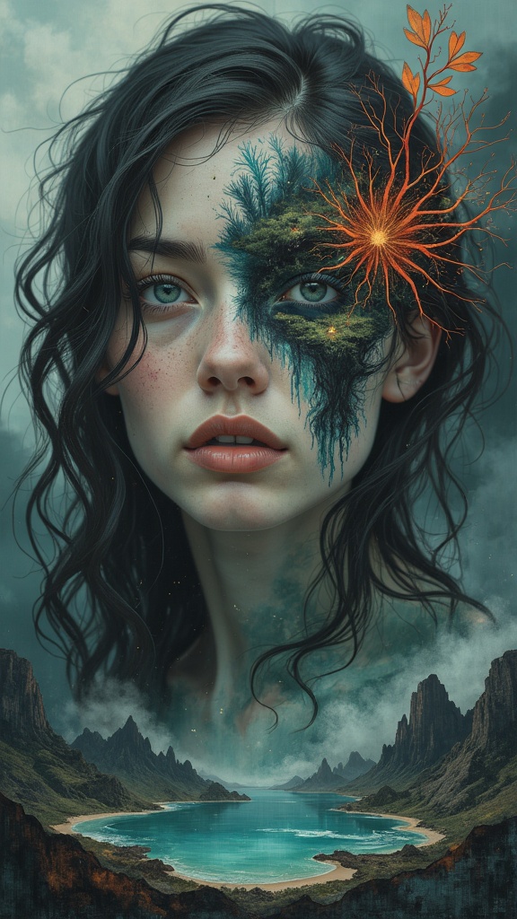 Manipulation mix hyperrelistic surreal RGB a female like woman shader with half face containing bali lake island and river downstep in other mystical worldly wide with ornament
