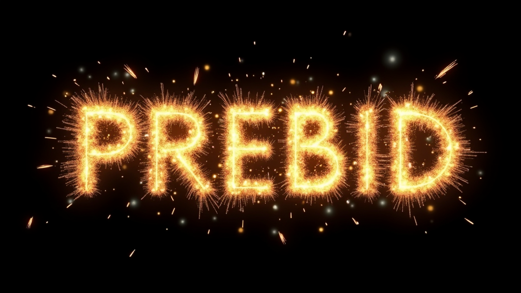 An animated-style OBS graphic with the word:
PREBID
formed entirely from exploding fireworks.

Each letter of PREBID is built from bright, colorful firework bursts in mid-explosion — with trails, spark trails, and glowing particles radiating out in all directions. The fireworks should feel high-energy and celebratory, using green, gold, and white as dominant colors to match HGB Kicks branding.

The background is pure black to allow for easy chroma or blend mode use in OBS. The letters should be dynamic and slightly chaotic, with motion blur and crackling sparks, as if they are forming live from a grand finale fireworks show.

No other text should appear — only:
PREBID

This should feel bold, festive, and explosive — perfect for grabbing attention mid-show.