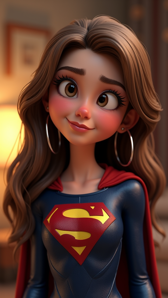 A semi-realistic 3D digital painting of a young woman resembling Supergirl, styled in Pixar or Disney animation style. She has long, wavy brown hair and expressive, slightly raised eyebrows. Her facial expression is playful yet innocent, with a knowing smirk and a “what can I say?” shrug. She wears a detailed, modern version of the Supergirl costume with a red and yellow 'S' emblem prominently on her chest. The suit is textured with realistic fabric detail, slightly shimmering under soft lighting. The background is softly blurred, suggesting an indoor evening scene with a hint of a cozy room. Her skin has a soft glow, and the lighting highlights her face and costume beautifully. Shot as a close-up portrait at eye-level, with a focus on emotion and Pixar-like charm.

Style: Pixar-style 3D realism, semi-cartoonish  
Mood: Playful, slightly sarcastic, confident  
Lighting: Soft, indoor lighting with warm tones  
Environment: Dimly lit indoor background (blurred)  
Camera: Close-up portrait, eye-level angle