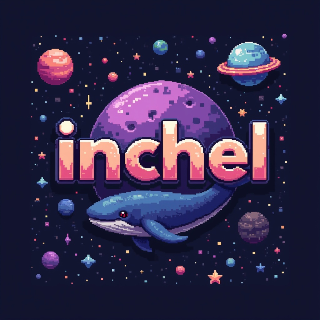 The word "Inchel" around which there is a purple planet and a space whale
