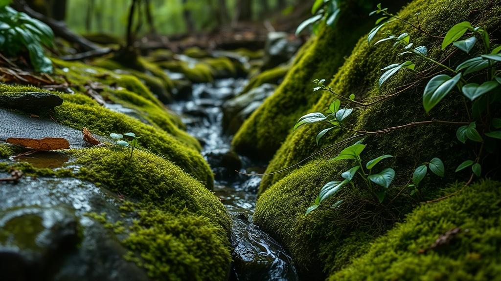 IMG_12 Fresh wet foliage growing on mossy stones in the shade of a European forest, with a small trickling stream, realistic colors, 8K natural detail.