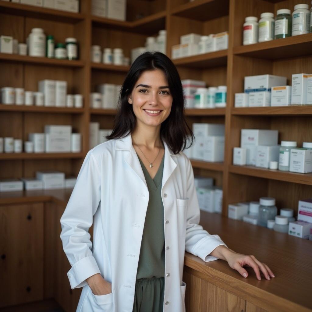 A photo of a pharmacist girl standing to the left of a wooden pharmacy counter. Behind the girl are shelves with tubes, pills, and other pharmacy supplies. The girl with the smile, she put her hands on the counter in the color of dark hazel, the girl stands to the right of the counter - she is fully visible, the girl has dark hair just below her shoulders, fair skin, French. The room is dimmed, the photo was taken at a short distance of several meters, the girl is completely visible. Lots of space around.