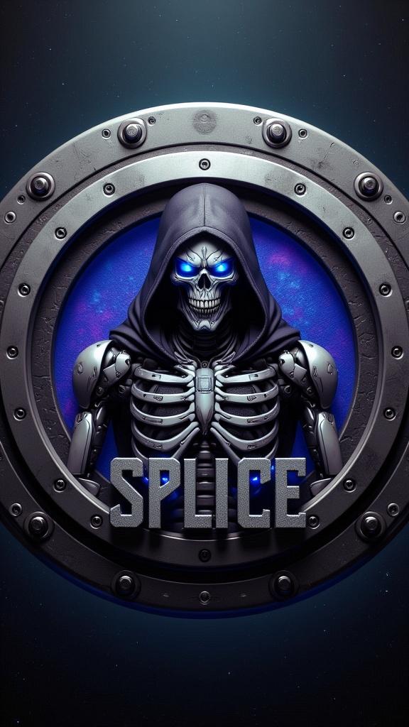 "Create a highly detailed circular logo featuring the character ‘Splice’ — a menacing cybernetic skeleton with a metallic skull, glowing blue eyes, and a sinister grin, wearing a dark hood. The upper body is visible inside the circle, with sleek armored shoulders and mechanical hands. The inner background should have a subtle glowing tech pattern in blue and purple tones. Frame the character inside a bold circular border with a carbon fiber texture. The outer ring should be metallic with a brushed steel finish, beveled edges, and equally spaced bolts to give a bolted-down industrial feel. At the bottom of the circle, engrave the name 'SPLICE' in bold, capitalized metallic letters with a faint blue neon glow. Keep the detailing sharp, polished, and consistent with the style of the LandscaperBob logo."