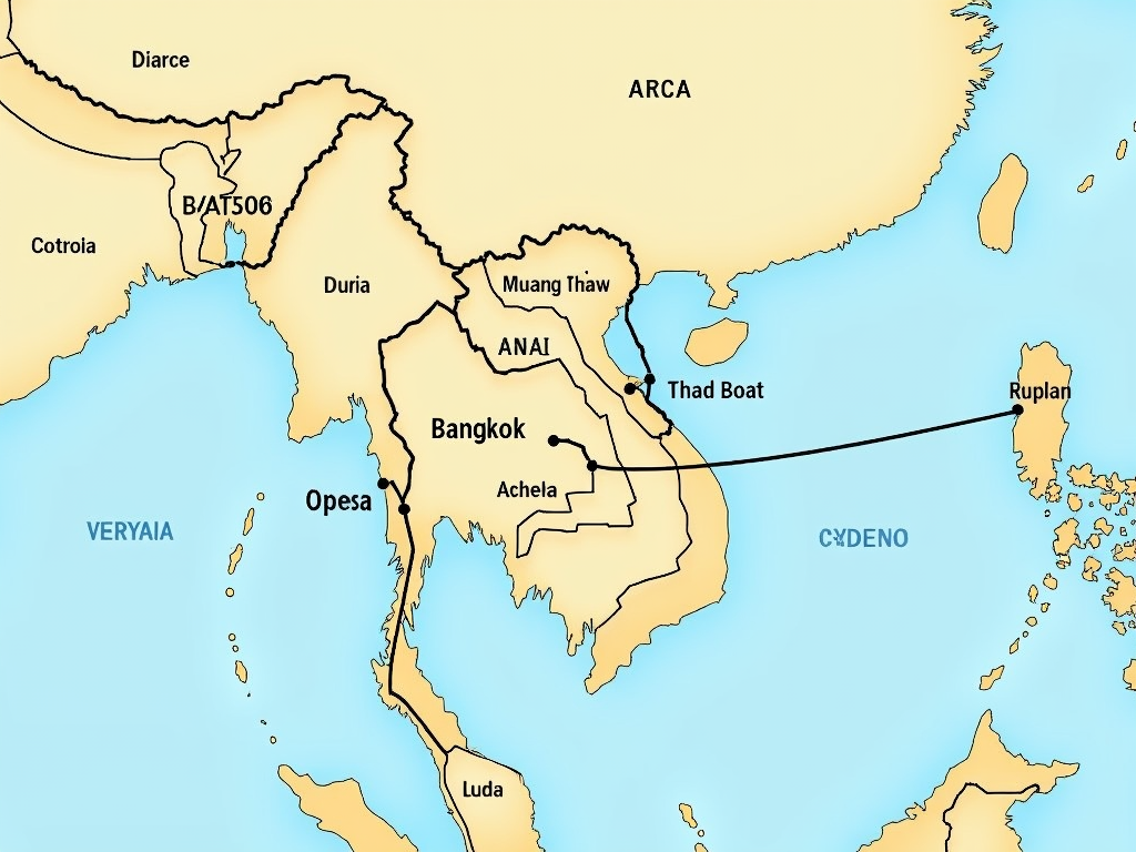 Create a map for a photo book, illustrating a journey across Southeast Asia. The map should display the following route:
Vienna → (by plane) → Bangkok → (by plane) → Luang Prabang → (by bus) → Nong Khiaw → (by boat) → Muang Ngoi → (by boat) → Luang Prabang → (by plane) → Pakse → (by bus) → The 4000 Islands (Si Phan Don) and towards the Cambodian border.