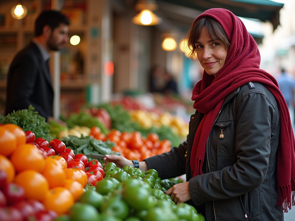 femme berbère au souk marocain en train d'acheter des légumes et de négocier le prix avec le vendeur.

