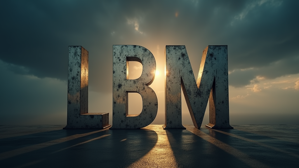 Create a hyper-realistic, cinematic movie production logo featuring the bold, stylized letters L B M, standing for LandscaperBob Media. The letters should be large, metallic, and three-dimensional, with a brushed steel texture and dramatic lighting casting soft shadows. Position the letters in the center of the frame, spaced slightly apart with depth and weight, as if forged from industrial-grade metal.

Behind the letters, feature a dark, cloudy sky or a sunlit horizon breaking through storm clouds — symbolizing creativity rising through grit. Include subtle lens flares and particle effects like dust or light rays moving across the screen, enhancing the cinematic atmosphere.

Add a faint engraved subtitle beneath the letters:
“LandscaperBob Media” in a clean, sleek font — minimalist but modern.

Incorporate a subtle slow camera zoom-in or pan if animating. The color palette should be rich and moody: dark blues, silvers, and golden highlights. This should resemble the intro of a high-end production studio, suitable for theatrical release or major streaming service branding.