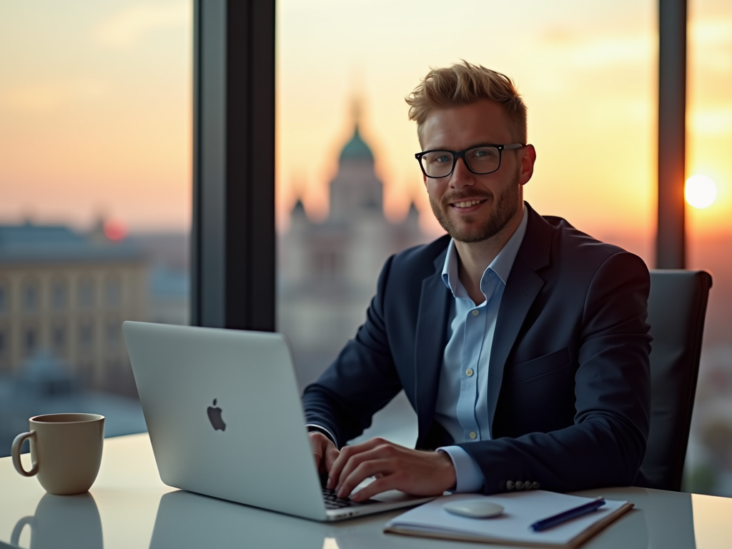Andrew as a high-resolution, photorealistic portrait of a light-skinned, professional man in his early 30s with short dark blonde hair, neatly trimmed beard, and black-rimmed glasses. He is dressed in a dark navy suit with a pale blue button-up shirt, no tie. He sits at a sleek white desk with a silver Apple MacBook, a closed notebook, a pen, a white wireless mouse, and a beige ceramic coffee mug. Through the glass walls, the cityscape of Warsaw is glowing under the rich orange hues of a sunset, with the Palace of Culture and Science clearly visible. Cinematic lighting, natural expression, warm tones, slight bokeh background, captured with a 35mm f/1.4 lens for sharpness and soft background blur.