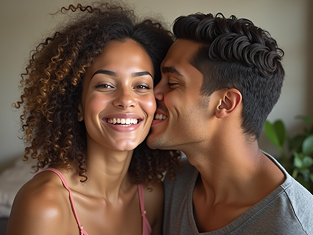 Make the two people in the photo smile and kiss. Keep the same original features.