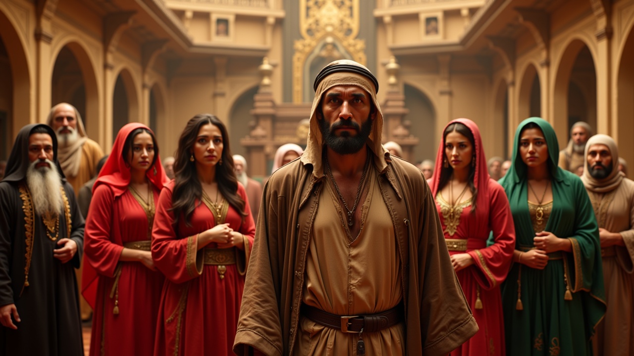 “Create a YouTube thumbnail image in cinematic realistic style, matching the visual identity of historical Arabic storytelling channels. No text on the image.

Details:

A poor Arab man, about 40 years old, thin face, dark skin, wearing a torn brown cloak, with a frightened and confused facial expression, standing inside an old Arabic court room.

Behind him, three young Arab girls aged 18-22, beautiful, wearing colorful traditional dresses (red, green, golden), looking sad and anxious.

An elderly Arab judge sits on a high wooden platform, with a thick white beard, about 60-65 years old, with strict and sharp facial features, wearing a richly decorated Abbasid judge’s outfit.

Background is an old Arabic court room with arches and Islamic decorations, warm golden and earthy colors.

Warm golden lighting, soft shadows highlighting facial expressions, high details.

Cinematic, dramatic, realistic style, focus on expressive faces, rich and vibrant colors, visual identity consistent with Abbasid historical atmosphere.”