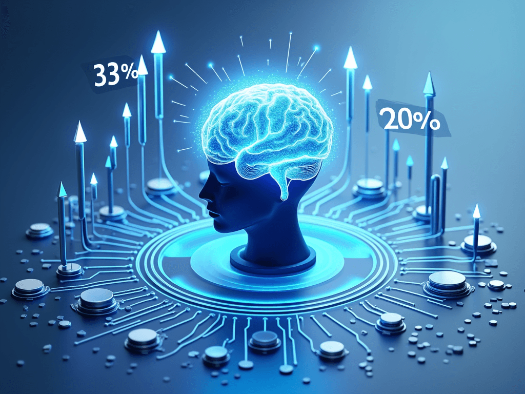 "Create a professional LinkedIn post image illustrating the concept of Agentic AI and its adoption across industries. Include futuristic elements like an AI brain surrounded by interconnected nodes or circuits, representing autonomous systems. Highlight upward-trending statistics with bold arrows pointing up (e.g., 33% increase by 2028). Use a modern color palette of blue, silver, and white with gradient effects. Add icons symbolizing finance, business, and technology sectors. The layout should feel clean, innovative, and professional."
