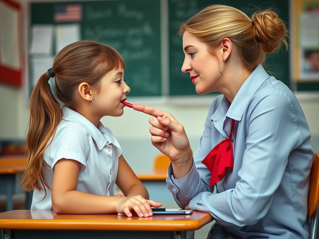 12 year old girl, red lipstick, sitting on her school desk.The female teacher is tracing the girl's lips with her fingers
