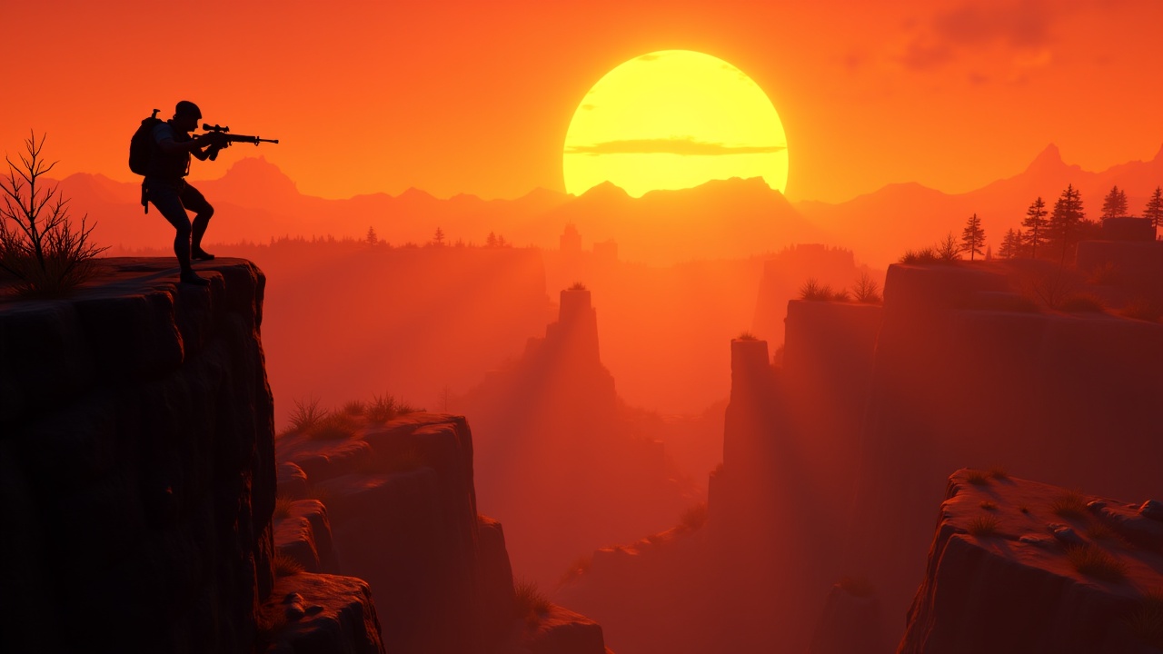 A detailed scene from the Peak in Free Fire, showcasing the dramatic landscape with towering cliffs and rocky terrain. In the foreground, a lone player stands near a narrow edge of the mountain, holding a weapon, scanning the horizon for enemies. The sun sets in the distance, casting an orange glow over the entire map. The atmosphere is tense and filled with action, with a few distant buildings visible on the horizon. The environment is rugged, with sparse vegetation and sharp drops, making it both beautiful and dangerous. The scene is both thrilling and perilous, with a sense of adventure in the ai