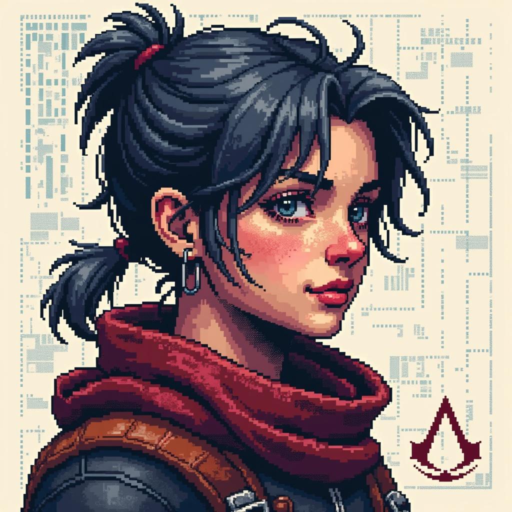 Pixel art style avatar, non-standard size 29x33 (prime ratio to avoid templates), asymmetric dynamic composition: Left half of the face embedded with flowing pixelated code patterns "1011000111", with hidden binary "freedom" cipher (01100110 01110010 01100101 01100101) in the code gaps. Right face outline sketched with jagged pixels, pupils are diagonal crossed silver-gray pixel blocks (simplified silhouette of Assassin's Creed Hidden Blade).
﻿
Main color palette centered on maroon jelly texture (custom RGB: R=156, G=39, B=176) with semi-transparent pixel gradient overlay: A maroon jelly-like cube NFT floats on the chest, with reflective pixel dots on its edges and a 3x3 micro pixel eagle (Assassin Brotherhood symbol) embedded inside; the cube is adorned with a pixelated blockchain grid chain at the bottom.
﻿
Hairstyle is asymmetric shaggy hair, with left side highlighted in dark blue pixel streaks (R=26, G=35, B=126), right side wrapped in a semi-transparent code scarf with slightly blurred pixels mimicking motion. Background features dual texture overlay: Bottom layer is a pixelated vintage Assassin's Creed map (with faded noise), top layer floats a light blockchain node grid, with a 1x1 silver-gray pixel dot hidden in the corner (secret imprint corresponding to "free will").
﻿
Expression shows a slight head tilt with raised eyebrow, lips curved into a pixelated sharp-edged smile (non-standard arc). Left ear wears a gear-shaped pixel earring; behind the right ear lies a 3x3 pixel Assassin circle symbol (with binary "eagle" pattern inside the circle). Reject standardized hairstyles/facial expressions/accessories; emphasize the conflicting balance between "code mechanical feel" and "jelly organic texture". Retain retro pixel noise in details, overall conveying narrative tension of "on-chain free will".
